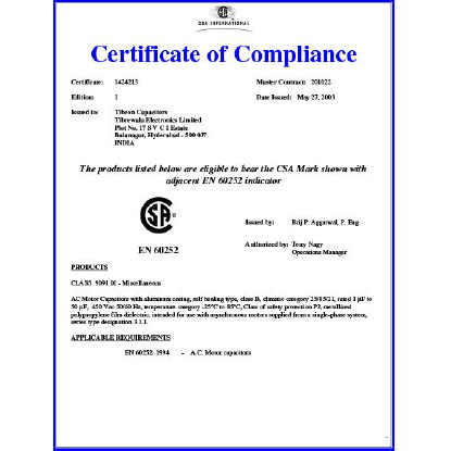 CSA Certificate for Motor Run Capacitors