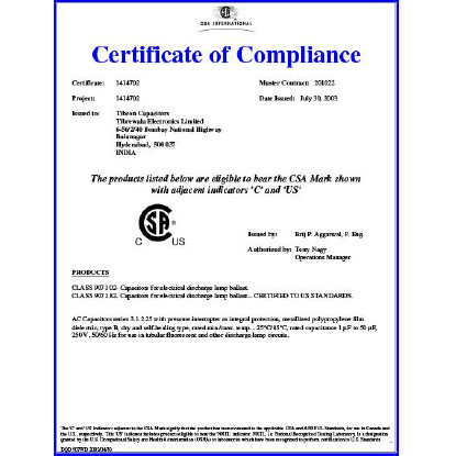 CSA Certificate for Lighting Capacitors